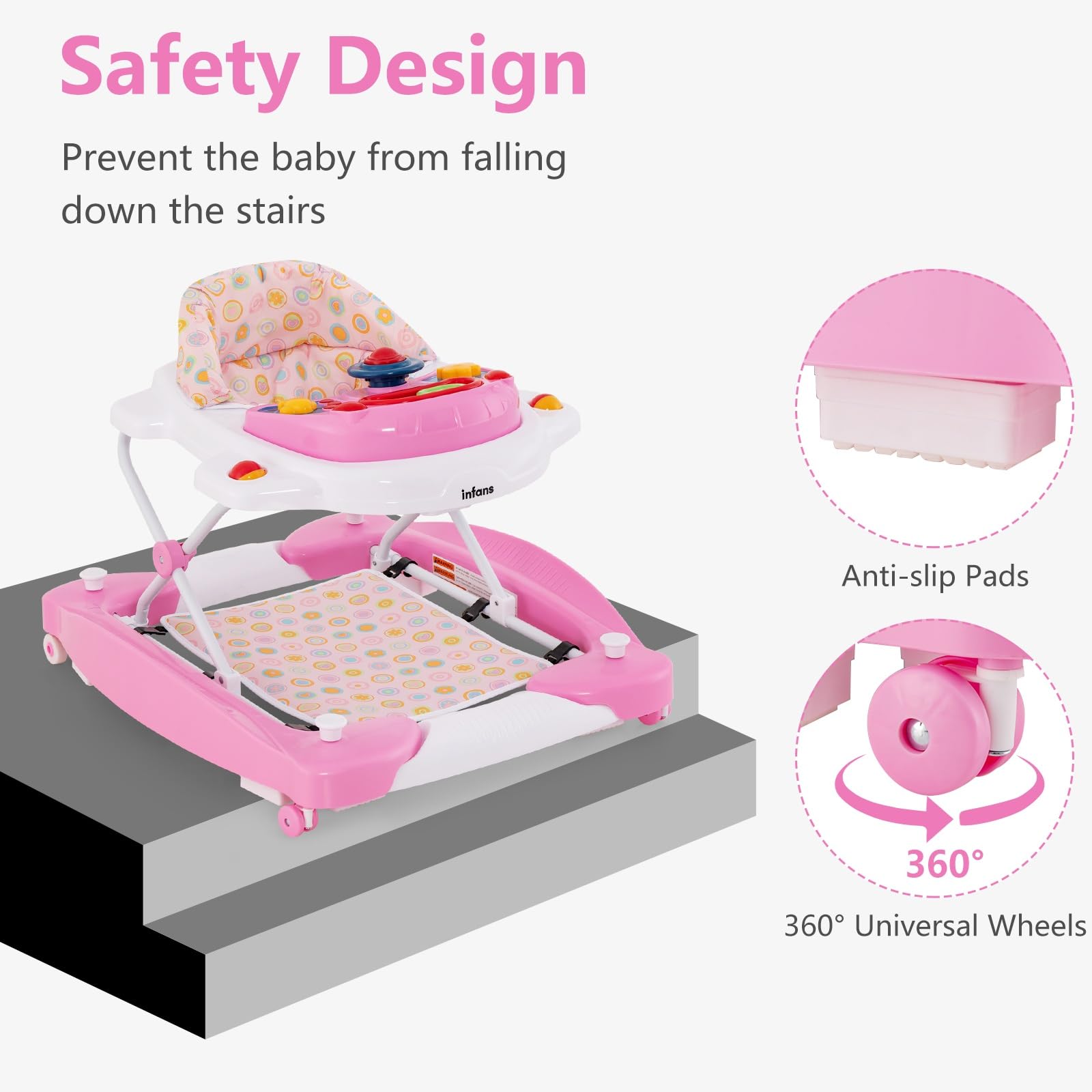 INFANS Baby Walker, 5 in 1 Behind Walker Learning Seated Rocker Bouncer with Removable Music Tray, Adjustable Height, Washable Seat Cushion, Foldable Activity Center for Toddlers (Pink)