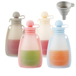 Set of colorful panda-shaped bottles with a funnel on a white background