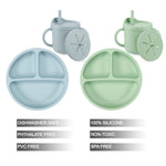 PandaEar Silicone Baby Feeding Set| 2 Pack Silicone Divided Suction Plate and 2 Pack Tiny Cup with 2 Spoons 2 Forks| Baby Led Weaning Supplies Self Feeding Eating Utensils (Light Blue/Light Green)