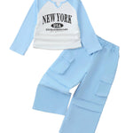 Kucnuzki Toddler Girl Clothes 3T 4T Girl Clothes Fall Outfits Blue Long Sleeve Tops Graphic T Shirt Cargo Pants 2 Piece Clothing Set