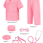 ICECUTE Doctor Scrubs for Kids,7 Pcs Scrubs Costume with Accessories,Halloween Costume for Boy Girls,3-11 Years (Pink, 5-6T)