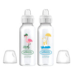 Two Dr. Brown's baby bottles with animal illustrations on a white background