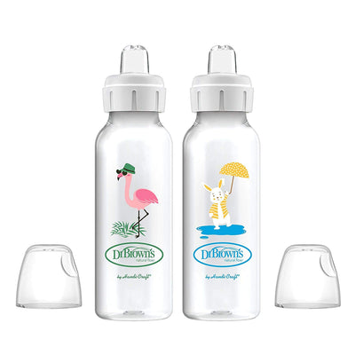 Two Dr. Brown's baby bottles with animal illustrations on a white background