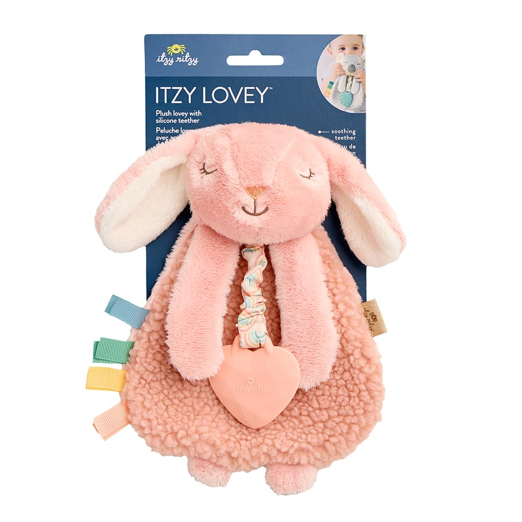Itzy Ritzy - Itzy Lovey Including Teether - Baby Lovey with Teether, Textured Ribbons & Dangle Arms - Features Crinkle Sound, Sherpa Fabric and Minky Plush (Pink Bunny)