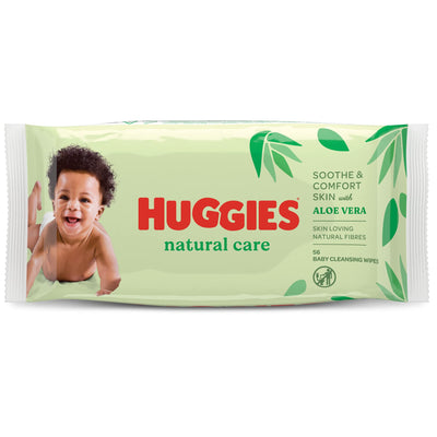 Huggies natural care baby wipes packaging with a child on a white background