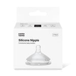 Packaging of Comotomo silicone nipples on a white background