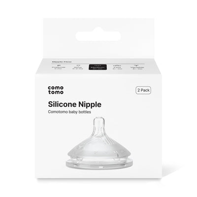 Packaging of Comotomo silicone nipples on a white background