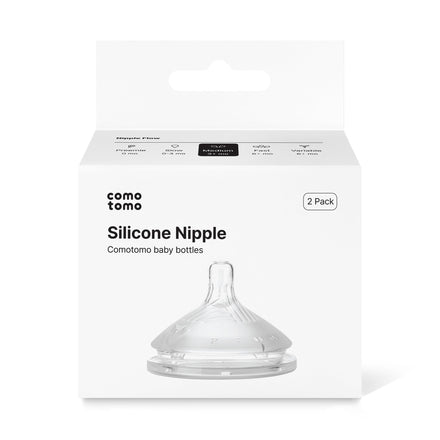 Packaging of Comotomo silicone nipples on a white background
