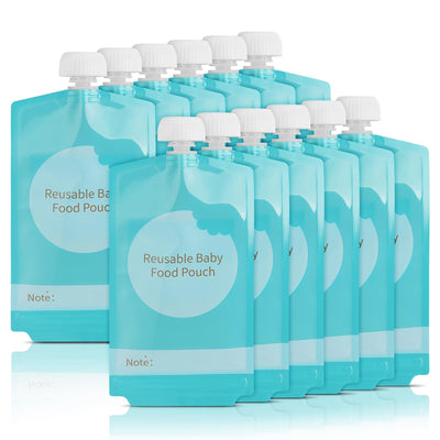 Multiple blue reusable baby food pouches with white caps on a white background