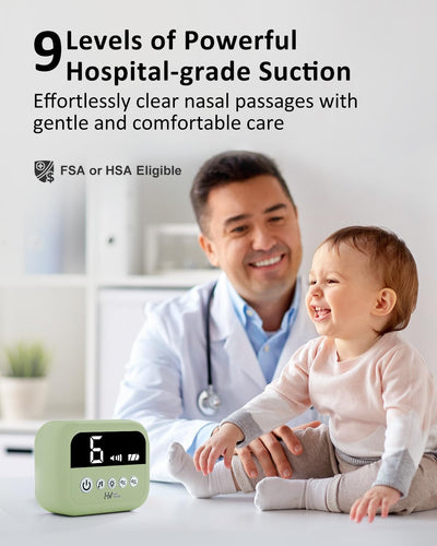 HEYVALUE Nasal Aspirator for Baby, Hospital Grade Nose Sucker with 9 Levels Suction, Night Light and Nursery Rhyme Soothing, Electric Nose Suction for Baby with Food-Grade Silicone Tips Green