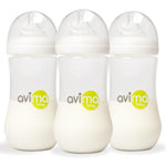 Three avima baby bottles with white caps on a white background