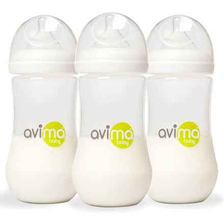 Three avima baby bottles with white caps on a white background