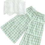 Toddler Baby Girl Outfit Summer Sleeveless Lace Hollow Out Crop Tank Tops Plaid Wide Leg Pants Set 2PCS Clothes