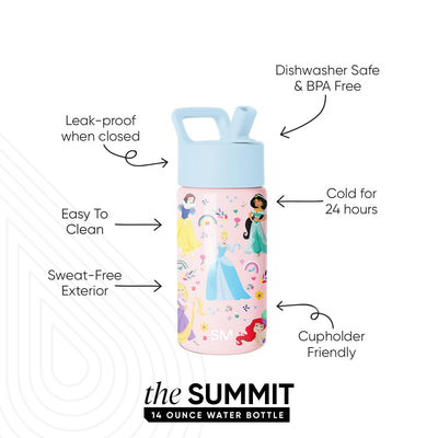 Simple Modern Kids Summit Water Bottle with Straw Lid | Disney Princess 14oz Stainless Steel Cup Insulated Tumbler for Girls, School | Princess Rainbows
