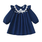 Baby Girl Outfit 18 24 Months Cute Girl Clothes Fall Long Ruffle Sleeve Navy Blue Dress Winter Toddler Clothes Vacation Vintage Knee Length Baby Dress