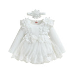 ZAXARRA Infant Baby Girl Romper Dress Baby Dress Romper Flowers Lace Fall Winter Clothes with Headband (White, 9-12 Months)