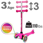 3-Wheel Kick Scooter for Kids Ages 3-8 Lean-to-Steer Toddler Scooter with Extra Wide Light Up Wheels, 4 Adjustable Heights, Foldable Scooters for Boys & Girls, Max Weight 110lbs (Pink)
