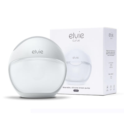 Elvie breast pump with packaging on a white background
