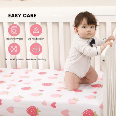 VivaCozy Baby Crib Sheets Girl, Toddler Bed Sheets Fitted for 52x28 Inch Standard Crib Mattress for Baby Girls, Set of 2 Super Soft Breathable Microfiber (Strawberry+Pink, 52x28 Inch (Pack of 2))