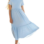 PATPAT Tween Girls Dress Summer Spring Maxi Casual Short Sleeve Flowy Long Dresses with Pockets Blue Size 10-11