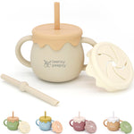 teensy peepsy Honey Pot 2-in-1 Silicone Training Cup 8.5oz, Unisex Baby Sippy Cup with Straw & Snack Cup for 6 months+ Break Resistant Straw Cup, Toddler Smoothie (Sandy Beige)
