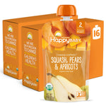 Happy Baby organic baby food package with squash, pears, and apricots on a white background