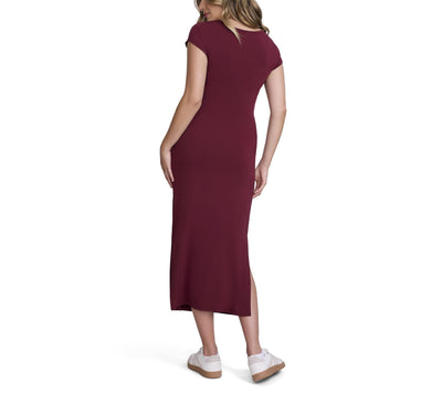 Motherhood Maternity Women's Short Sleeve Crew Neck Side Tie Detail Midi Casual Pregnancy Dress, Tawny Port, Medium
