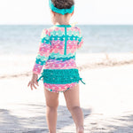 RuffleButts Baby Girls UPF 50+ Sun Protection Novelty Print Long Sleeve One Piece Rash Guard Swimsuit with Zipper - Mermaid/Aqua, 6-12m