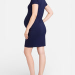 Motherhood Maternity Women's V-Neck Short Sleeve Side Ruched Bodycon Mini Pregnancy Dress, Peacoat, Small