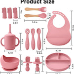 Silicone Baby Feeding Set 14 Pcs,Baby Led Weaning Supplies, Baby Spoons Suction Bowl Divided Plate Bib Cup Finger Brush,First Stage Solid Food Eating Utensils - 6+ Months(Deep Red)