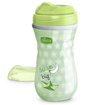 Green sippy cup with lid and 'dream big' text on a white background
