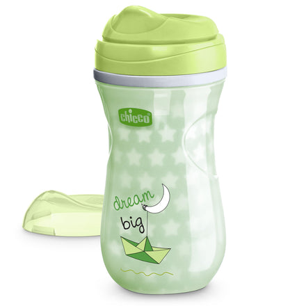 Green sippy cup with lid and 'dream big' text on a white background