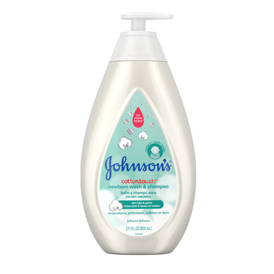 Johnson's baby wash and shampoo bottle on a white background