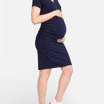 Motherhood Maternity Women's V-Neck Short Sleeve Side Ruched Bodycon Mini Pregnancy Dress, Peacoat, Small