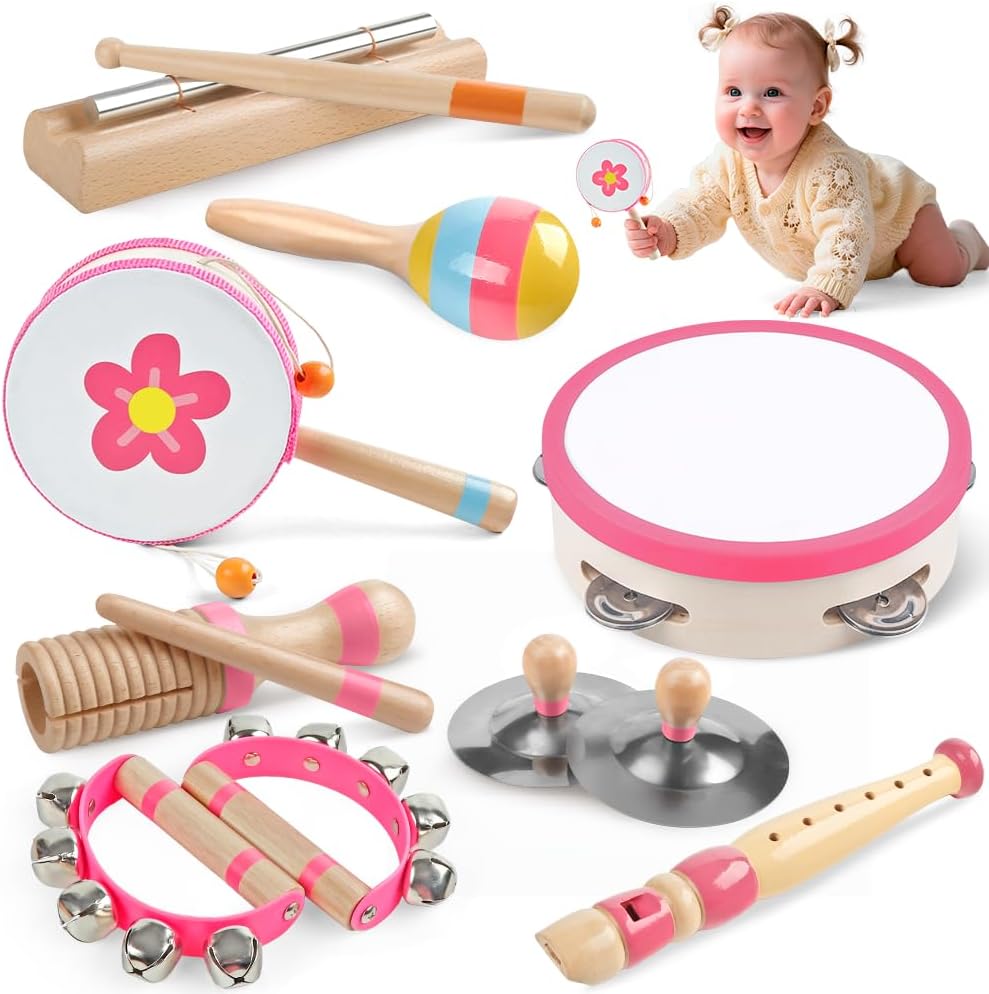 Toddlers Musical Instruments for 1 2 3 Year Old Girls,Baby Montessori Wooden Musical Toys for Toddlers 1-3 Year Old,Kids Musical Toy for Preschool,Christmas Birthday Gift for Baby Girls (Pink 8 in 1)