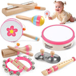 Set of colorful children's musical instruments with a baby playing a tambourine.