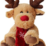 Plush reindeer toy with a red scarf on a white background