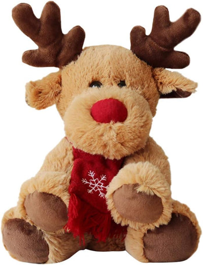 Plush reindeer toy with a red scarf on a white background