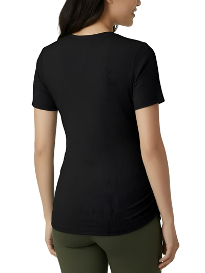 Motherhood Maternity Women's Short Sleeve Crew Neck Side Ruching Pregnancy Tee Shirt, Black, Small