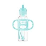 Clear baby bottle with blue handles and lid on a white background