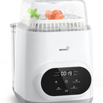 White and gray baby bottle sterilizer with digital display on a white background