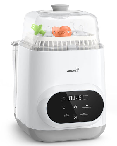 White and gray baby bottle sterilizer with digital display on a white background