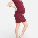 Motherhood Maternity Women's V-Neck Short Sleeve Side Ruched Bodycon Mini Pregnancy Dress, Mauve Wine, Large