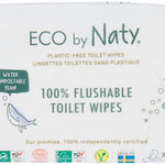Pack of Eco by Naty toilet wipes with text and logos on a white background