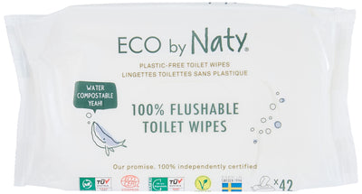 Pack of Eco by Naty toilet wipes with text and logos on a white background
