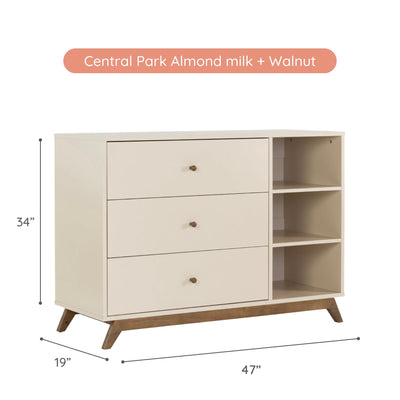 dadada Central Park 3-Drawer Dresser with Open Shelving - Modern Design, Baby-Safe Finish, Forged Steel Support, Sturdy Wood Legs, for Nursery, Kids or Teen Room, 47” Wide (Almond Milk+Walnut)