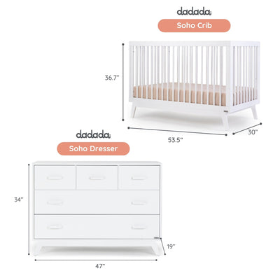 dadada Soho Baby Nursery Furniture Set. Baby Crib and Dresser Set Combo. Soho 3-in-1 Convertible Crib and 5 Drawer Nursery Dresser. White Beechwood