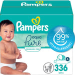 Pampers Aqua Pure baby wipes box with a child on a white background