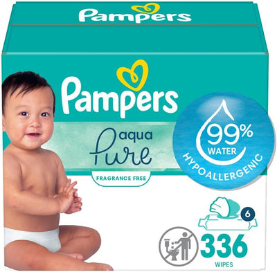 Pampers Aqua Pure baby wipes box with a child on a white background