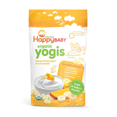 Happy Baby organic yogis snack package with banana mango flavor on a white background